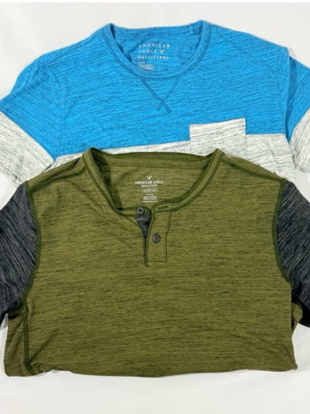 American Eagle Men Medium Shirt Lot 2 Active Flex Henley Colorblock Pocket Tee
